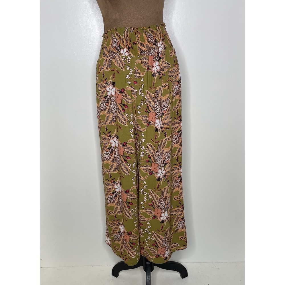 Women's Wide Leg Palazzo Flowy Pants Boho Size L Olive Green Floral Tropical - Picture 5 of 14